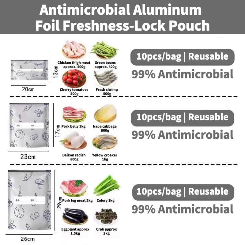 Reusable Zipper Freezer Aluminum Foil Fresh-keep Bags Stand up Pouch for Meat Fruit Vegetables