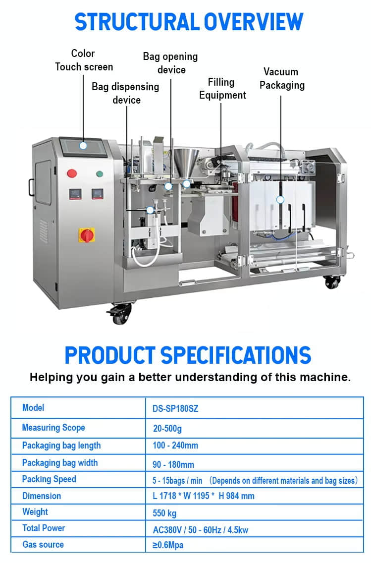 High-Speed Food Vacuum Premade Filling Machine Double Line Doypack Pouch Packaging